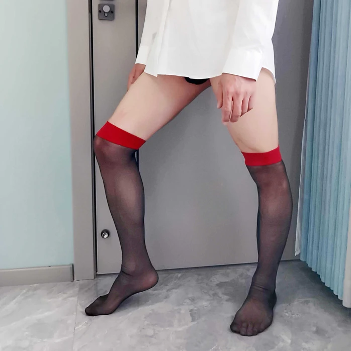 Gentlemen Vintage Black Silk Red Tube Stockings Men's Hosiery Knee High Stockings Male Fetish Transparent Stocking Sissy Clothes