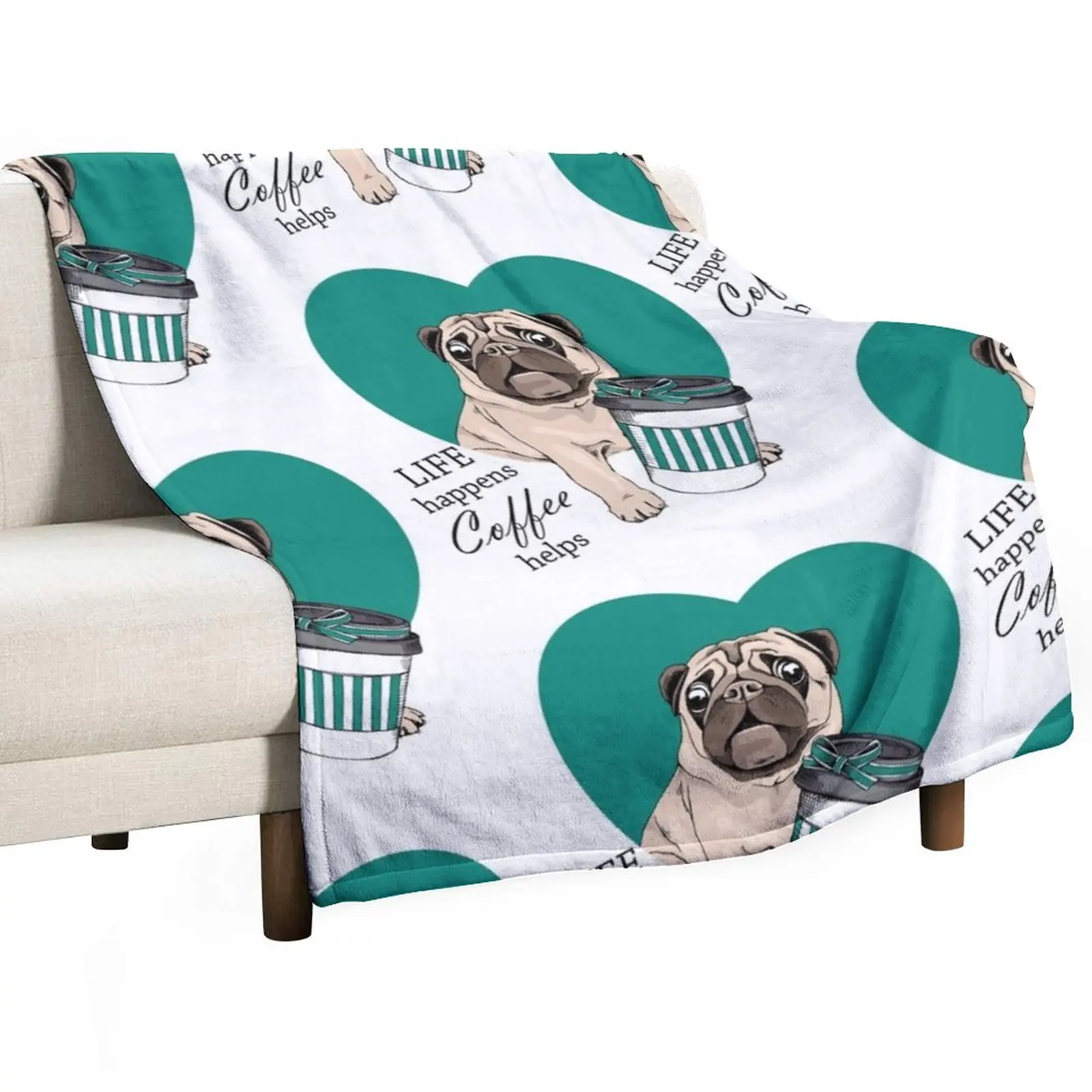 

New sweet pug: Life happens, Coffee helps Throw Blanket Soft Blanket Decorative Sofa Blankets Thermal Blanket