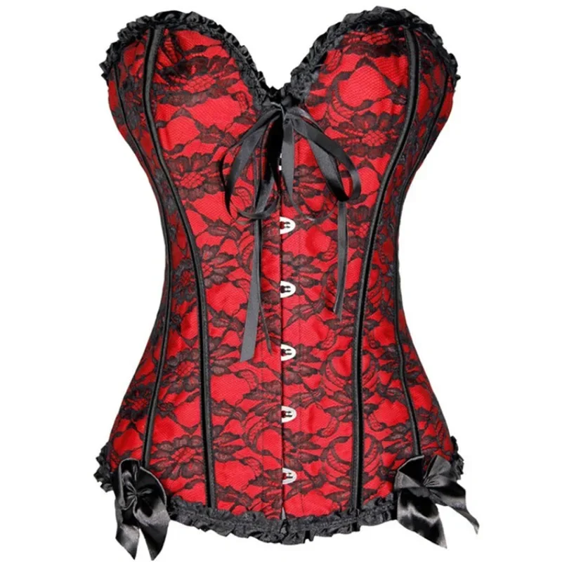 

Corsets Sexy Women Floral Trim Lace Up Boned Overbust Corset Waist Cincher Bustier Red Blue Corset