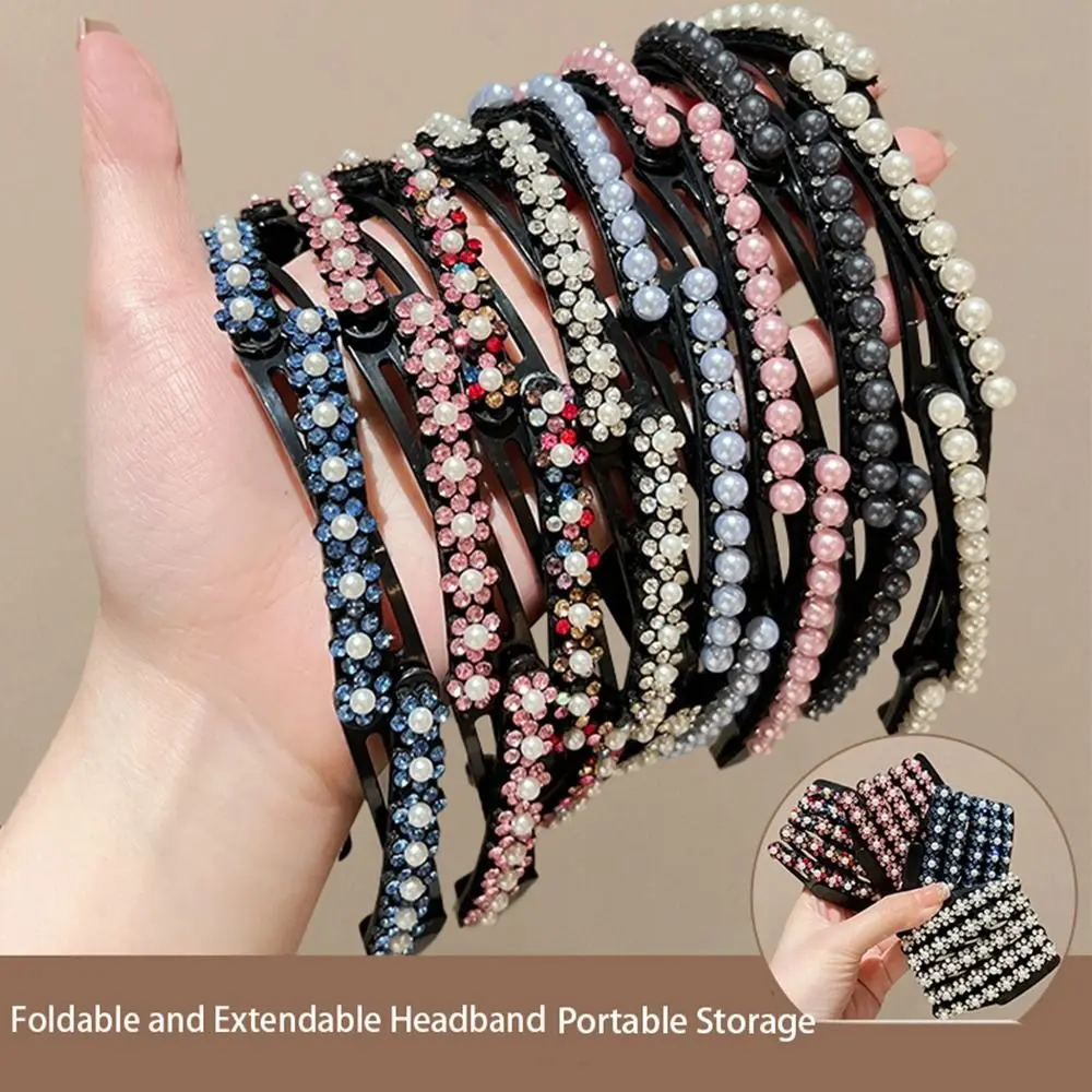 Portable Foldable Rhinestone Headband Flower Extendable Pearl Hair Band Women Hair Hoop Thin Travel
