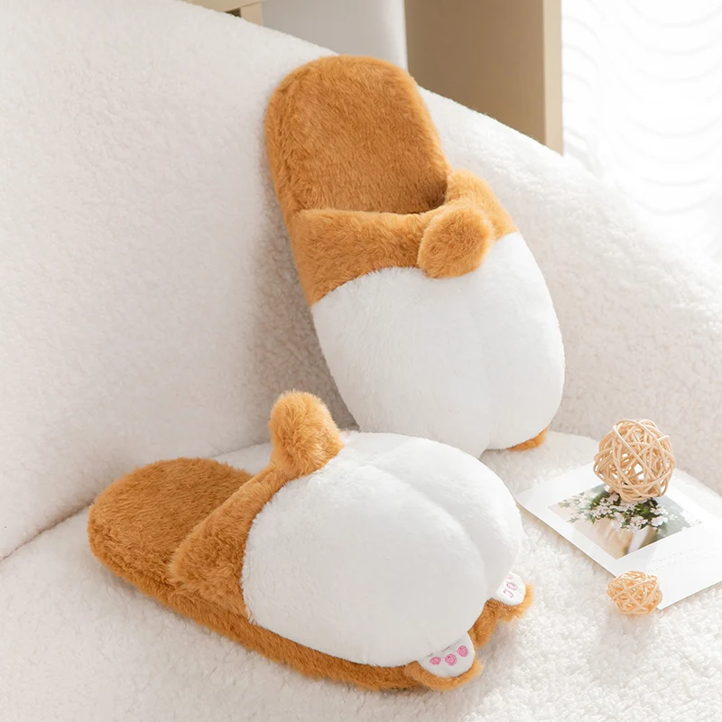 Plush Slippers Autumn and Winter Cotton Slippers Plush Warm Indoor Women Cute Corgi Hip Cotton Women