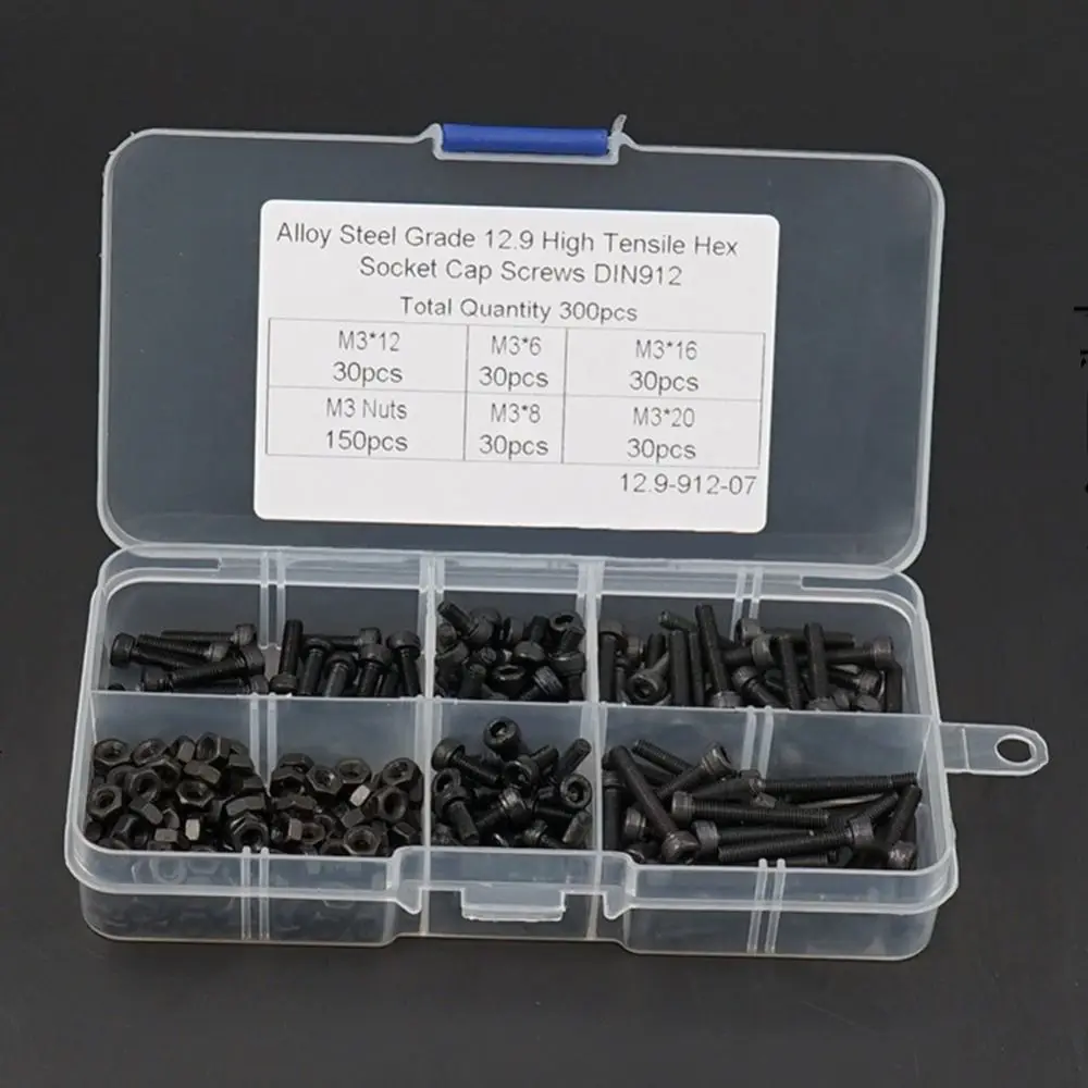 

300Pcs 12.9 Grade Alloy Steel Socket Head Screws 6mm/8mm/12mm/16mm/20mm Black Bolts and Nuts Kit Hex Socket Head Cap Screws