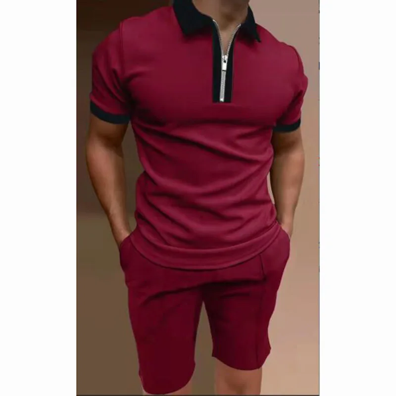 POLO Shirt 2022 Summer Men Fashion Lapel Half Zipper Short Sleeve T-Shirt Outdoor Casual Solid Color POLO Shirt Set 2 Piece Set mens matching sets