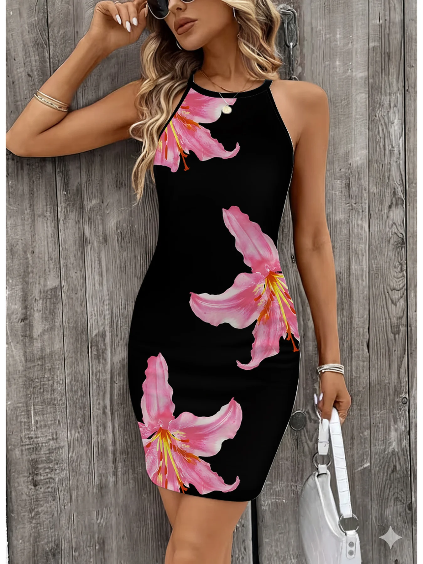 Damen Sommerkleid, lässig, elegant, mit Blumenmuster, Rundhalsausschnitt, ärmellos, Camisole-Kleid, mittellanger Rock