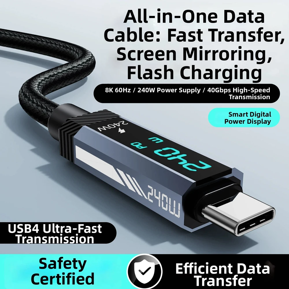 PD240W 8K60Hz E-Marker 칩 디지털 디스플레이 40Gbps 썬더볼트 USB4 타입 C 고속 충전 케이블 (아이폰 15, 16, 17, 태블릿, 노트북용)