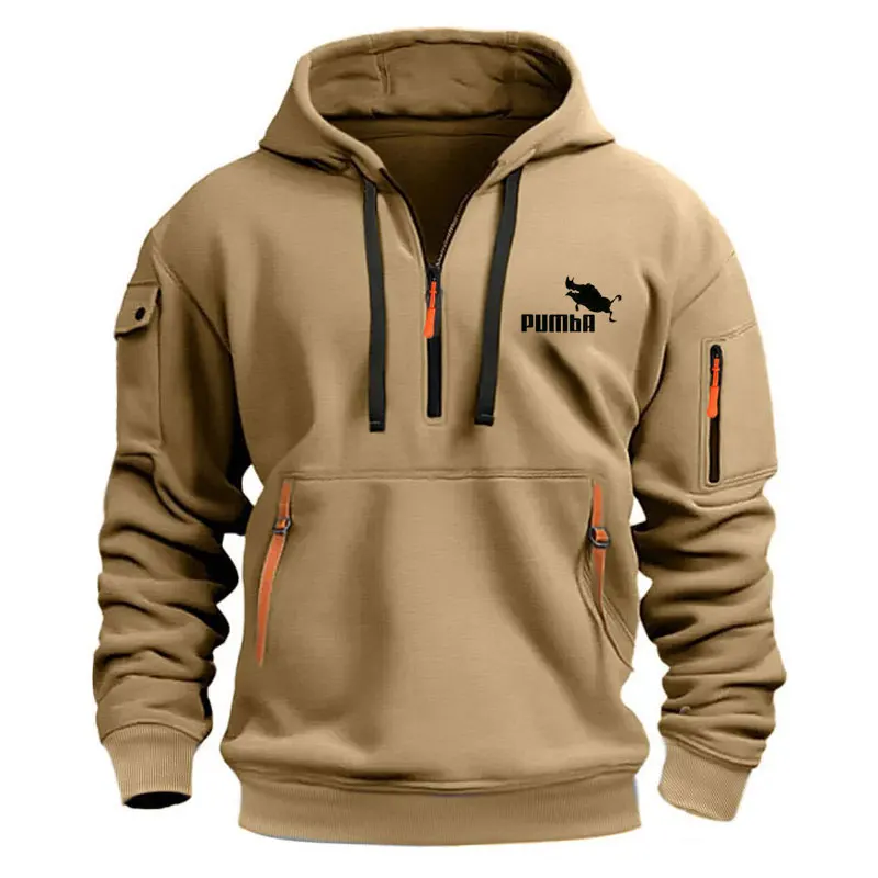 Autumn Winter Pumba Men's Casual Sports Hoodie Retro Harajuku Long Sleeve Zipper Multi Pocket Casual Fashion Loose Coat Street