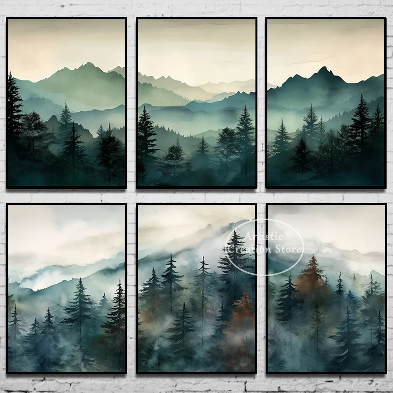 Salvia Verde Montagna Acquerello Paesaggio Di Montagna Astratta Natura Stampa Su Tela Pittura Nordic Forest Wall Art Minimal Decor