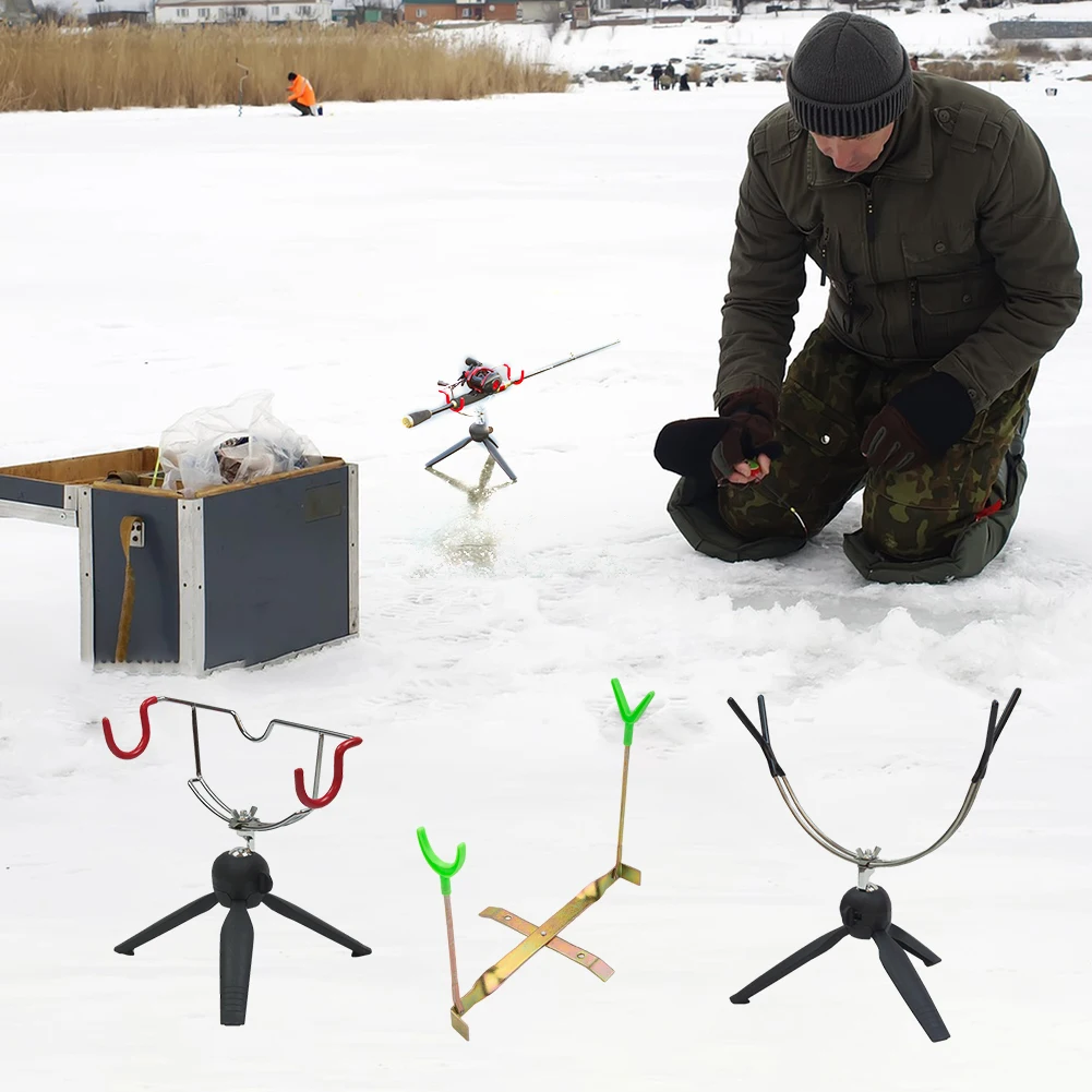 Portable Ice Fishing Rod Holder Adjustable Angle Double-Head Fish Pole Holder Metal Folding Rod Holder for Winter Sea Fishing