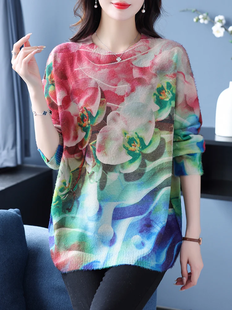 

Свитеры с принтом, осенне-зимняя Мягкая трикотажная одежда с круглым вырезом, пуловер, Женский Повседневный джемпер, свободный бархатный свитер из норки с длинным рукавом