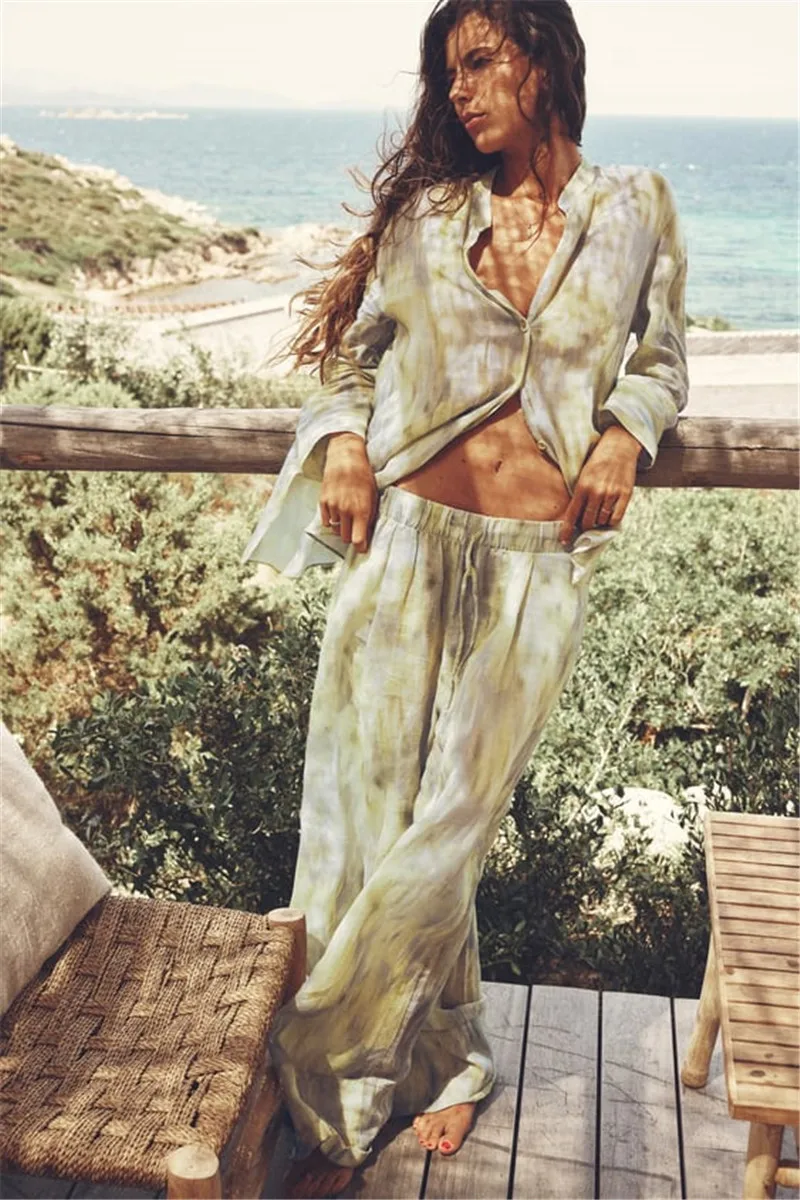 

Woman Fashion Vintage Printed Trousers Summer Woman Tie-dye Patchwork High Waist Bow Tie Elastic Waist Wide Leg Pants