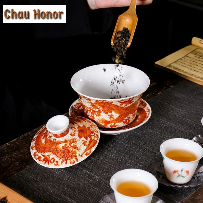 250ml Enamel Color Sancai Gaiwan Master Cups Retro Chinese Tea Set Teacup Lid And Saucer Set Teaware Chrysanthemum Tea Teaware