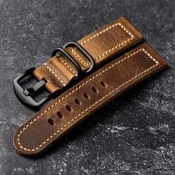 Vintage Crazy Horse Brown Leather Watch Strap - Soft and Thick Head Layer Cowhide Watchband - 22mm (Black buckle)