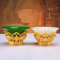 Golden Tibetan Ghee Bowl Zinc Alloy Tantric Holy Water Cup 8.5 cm Engraved Buddhist Green Stone Bowl Gift Desktop Decorative 1
