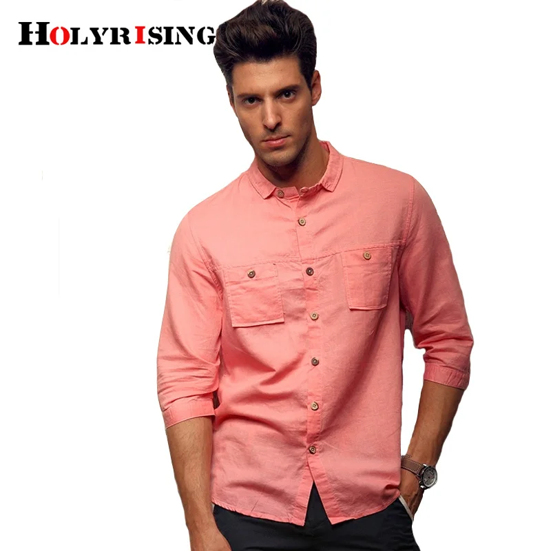 Holyrising men shirt Pink Linen Shirt Men's Cropped Sleeve Cotton Summer casual Top S-2XL 19159