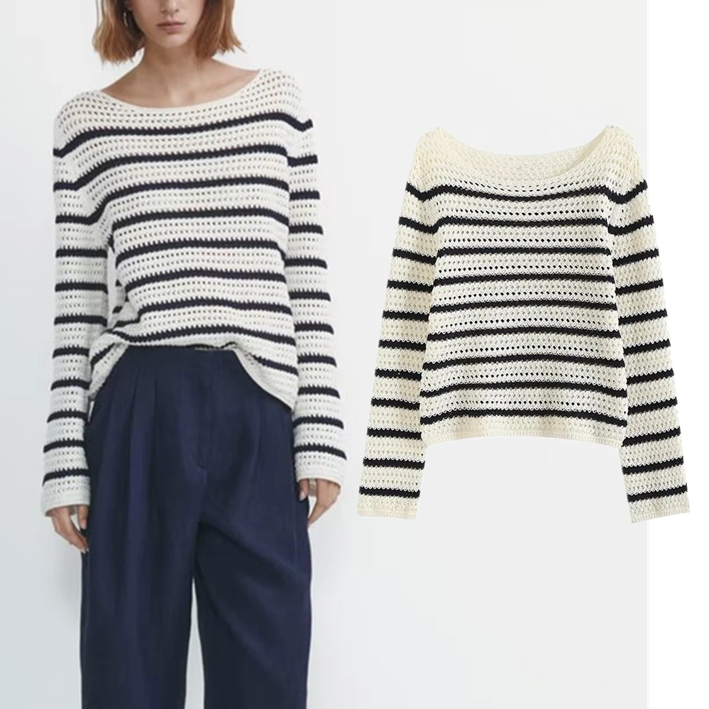 

Elmsk French Elegant Fashion Ladies Navy Blue Striped Knitwear Casual Tops Women Commuter Sweaters