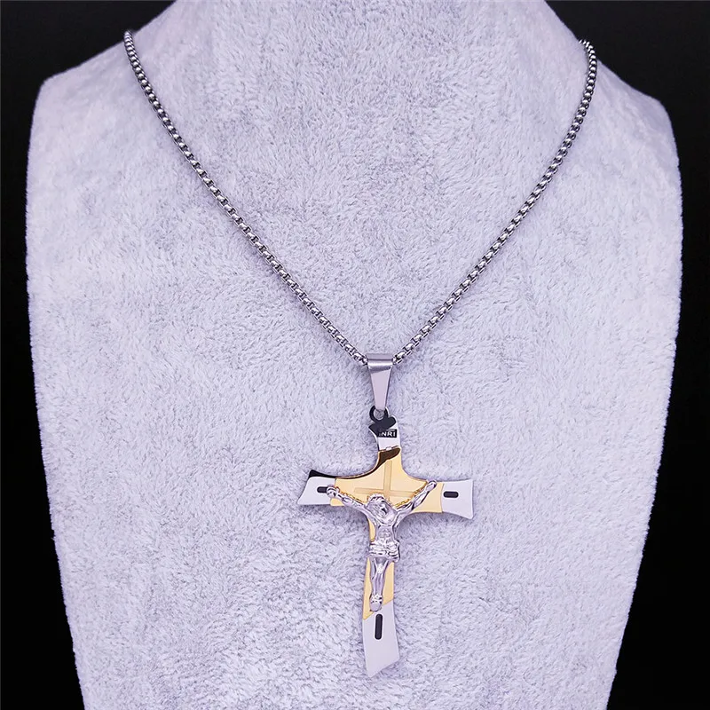 Lotus Hombre Collar Cruz Jesús Hombre - Crucifijo Ortodoxo Acero Inoxidable | Regalo Fe Cristiana Cristian Nodal