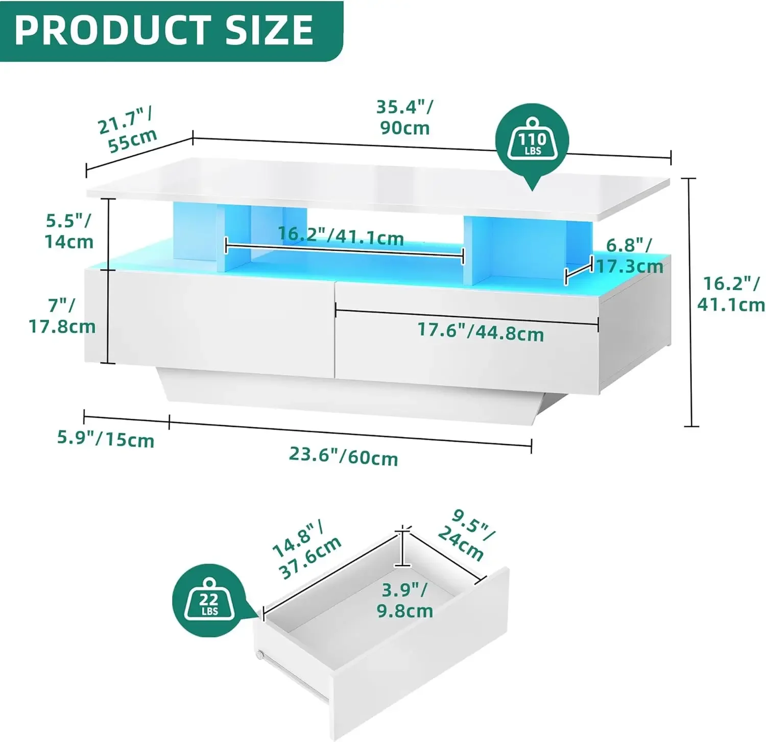Living Room, High Glossy LED Coffee Table with Open Display Shelf & Sliding 4 Drawers, Rectangular Small Center Table, White 2