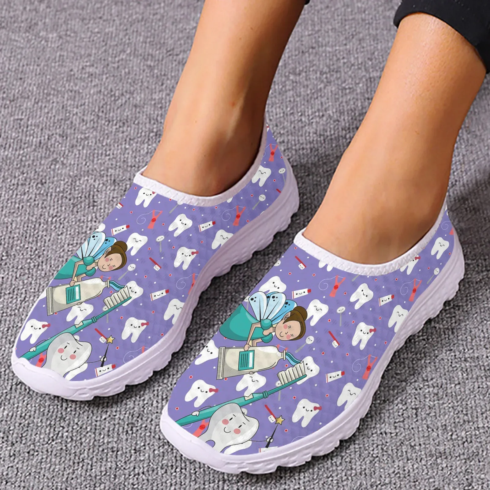 Dentist Shoes Women's Flats Cartoon Dental Nurse Print Breath Mesh Comfort Sneakers For Ladies Girls Summer Loafers