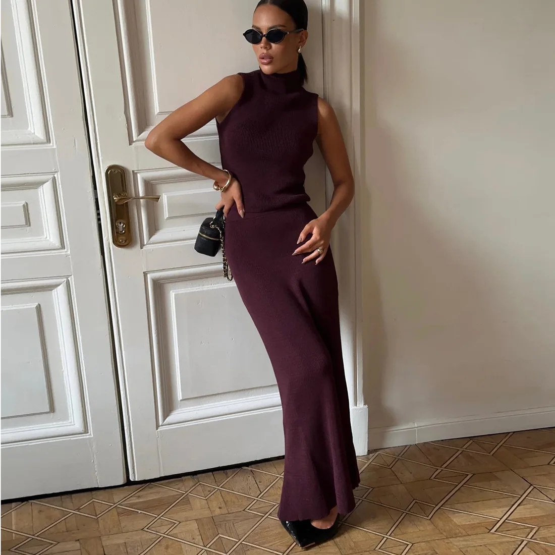 Elegant Sweater Two Pieces Set Sleeveless Knitted Turtleneck Vest High Waist Skirt Female Solid Slim Dress Sets 2025 New