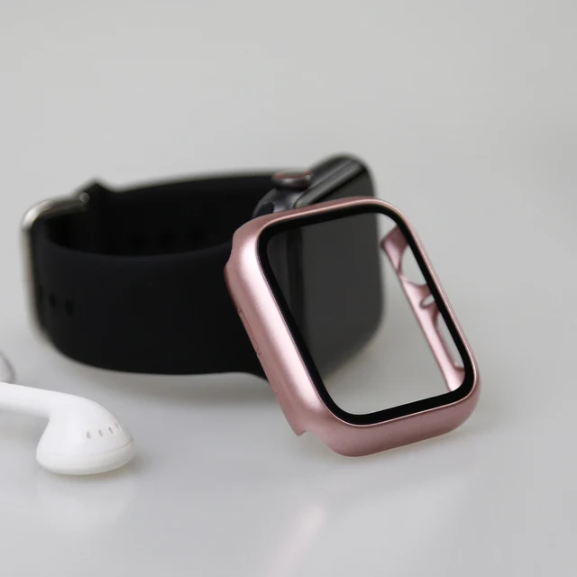 Glass+Watch Cover for Apple Watch Case 41mm 45mm 40mm 44mm 42mm 38mm Matte Bumper+Screen Protector for Iwatch SE 7 6 5 4 3 2 1 Rose Gold