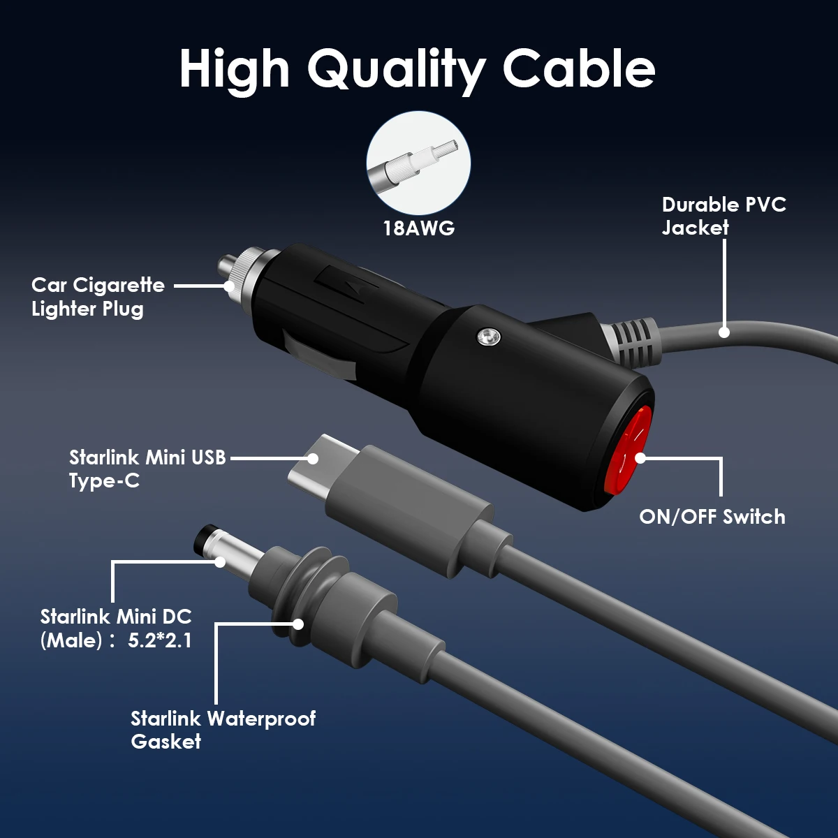 For Starlink Mini 3 in 1 DC Power Cable Cord Waterproof Extension Starlink Mini USB C 12-20V Cigarette Lighter Plug and DC Male