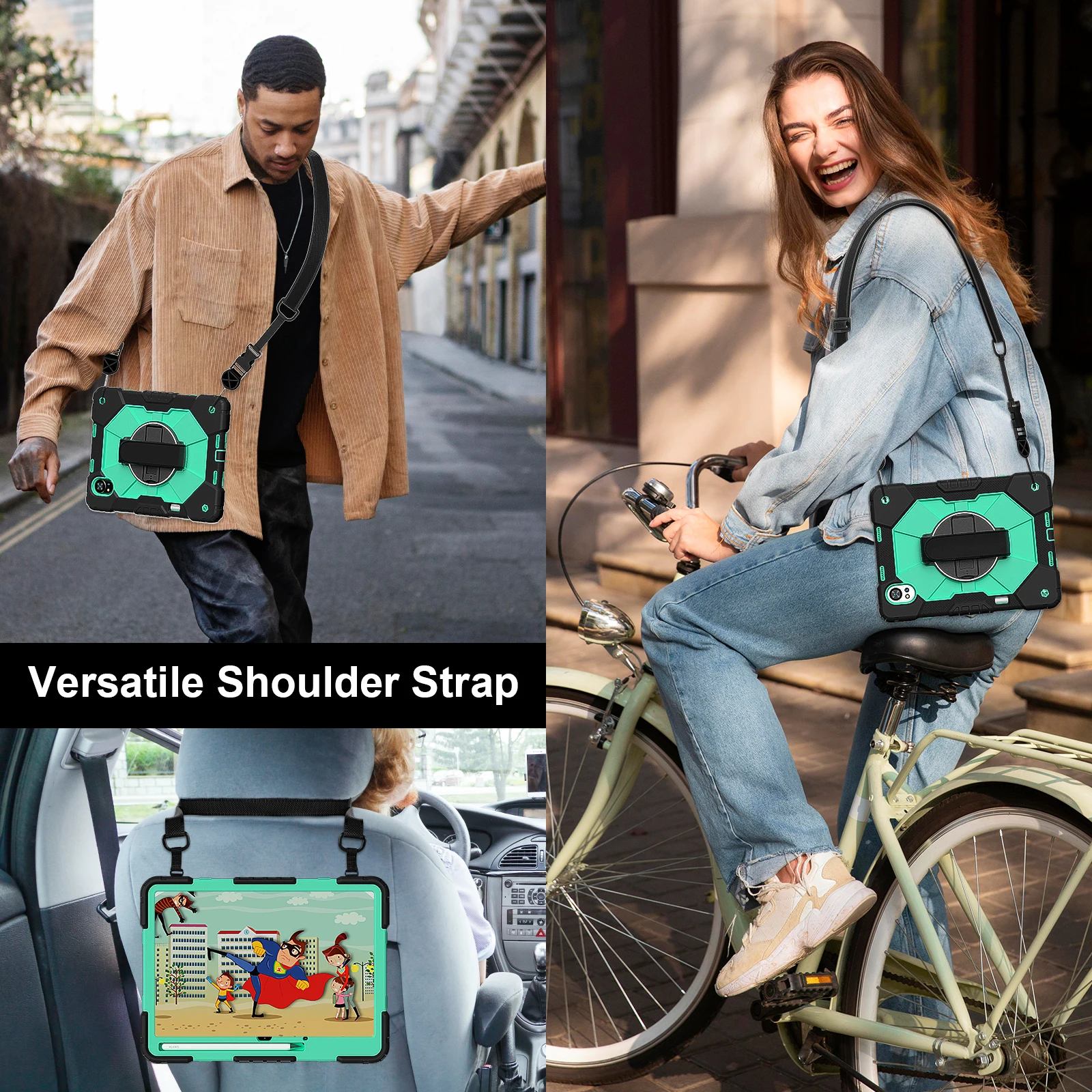 Heavy Duty Universal Tablet Case with 360° Rotating Stand and Anti-Slip Hand & Shoulder Strap