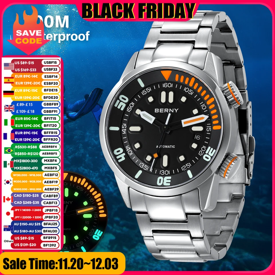 BERNY 自動ダイブウォッチ男性用超発光オリジナルデザイン 20ATM 男
