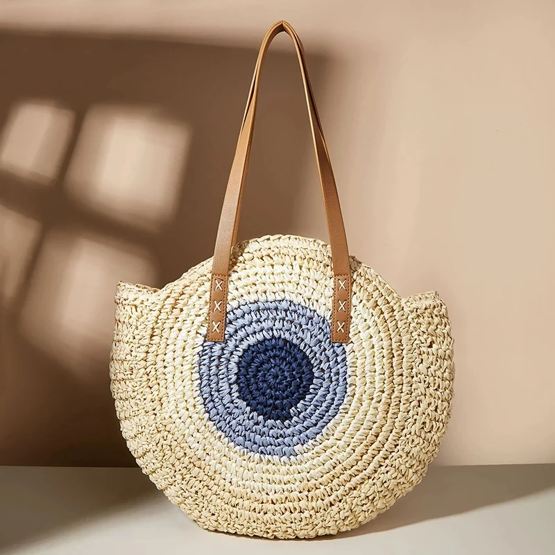 Yogodlns Summer Straw Bag Women Round Beach Bag Woven Handmade Rattan Shoulder Vacation Large Capacity Handle Bolso Sac