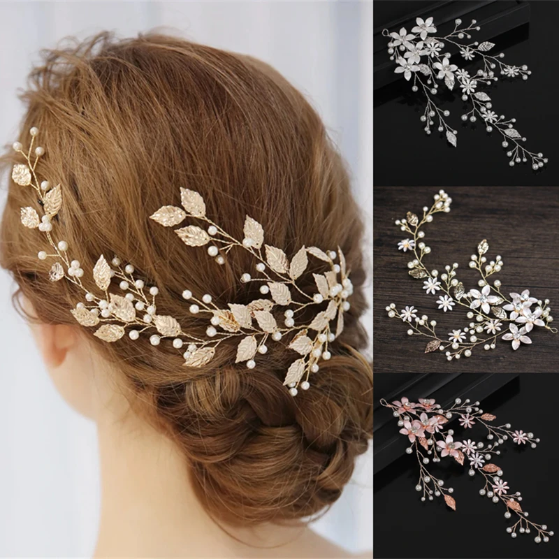Flower Leaf Crystal Pearl Headband Hairband Tiara For Women Bridal Wedding Hair Accessories Vine Jewelry Band Headband Gift jewelry accessories hair accessory hair headdress bridal headwear hair band crown