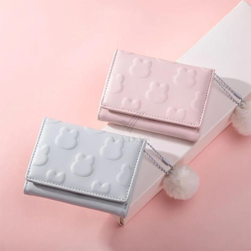 Women's Short Cute Cartoon Wallet Love Imprinted PU Leather Short Coin Wallet Three Fold Multi-card Slot Card Bag Credit Card