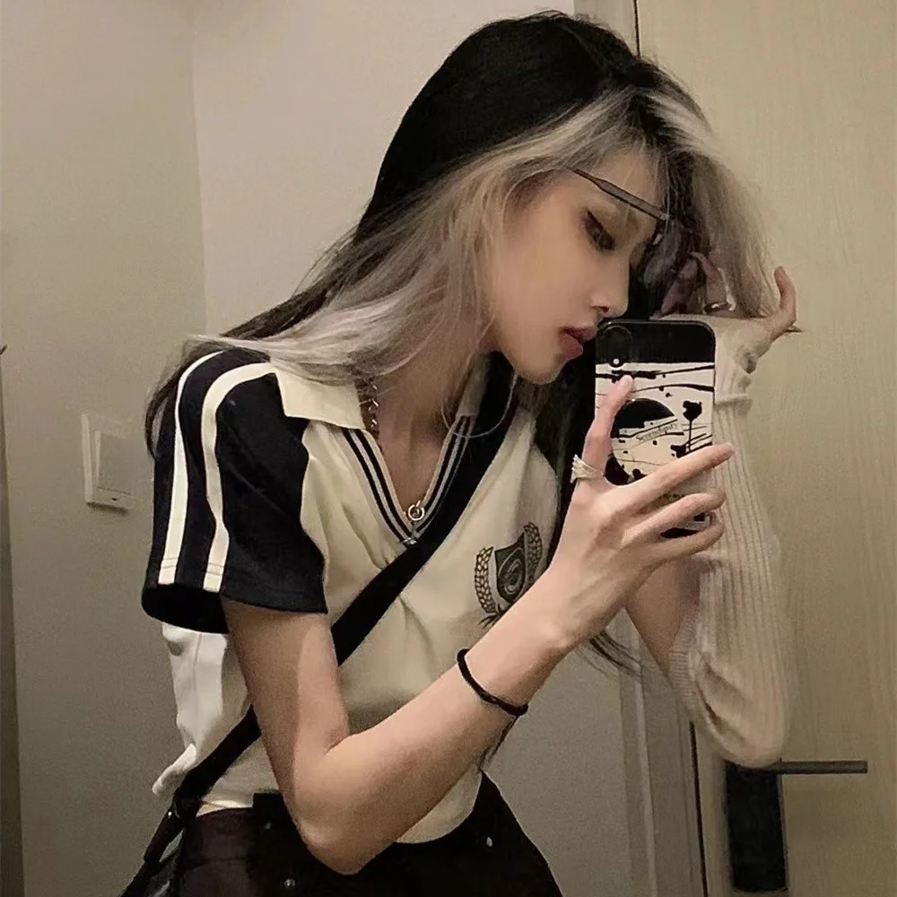 

Summer Woman Tshirts Crop Tops V-neck Short Sleeve Contrast Color Tees Fashion Korean Casual Y2k T Shirt 2023 Shirts for Women
