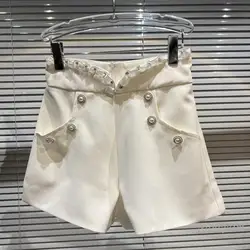 Clássico shorts para mulher 2022 primavera novo estilo malha rendas babados cintura pérola frisado fivela temperamento senhoras branco curto