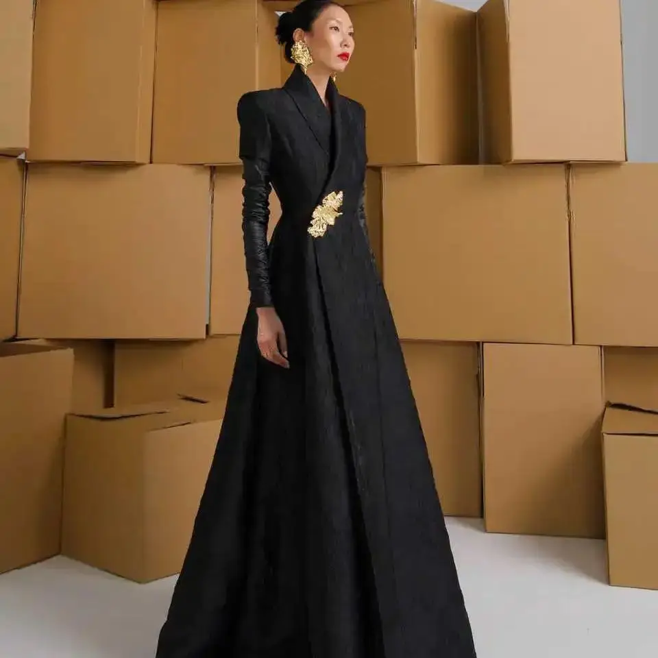 Women Long Blazer Floral Jacquard Tuxedos Shawl Lapel Lady Slim Fit Floor Length Coat Made Only Jacket
