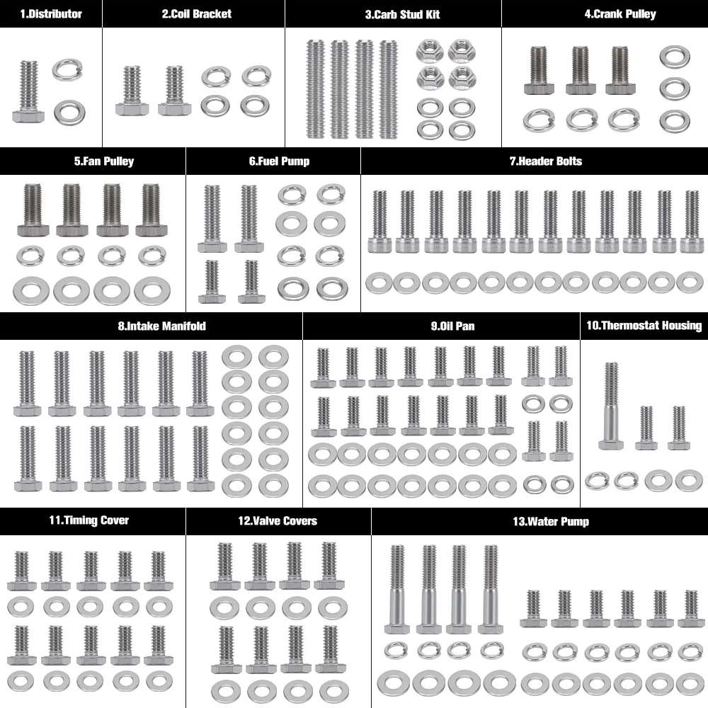 Car repair accessories LZONE Small Stainless Block For Chevy SBC 265 283 302 305 307 327 350 400 Engine HEX Bolt Kit 211Pcs Nuts & Bolts JR-EMK01