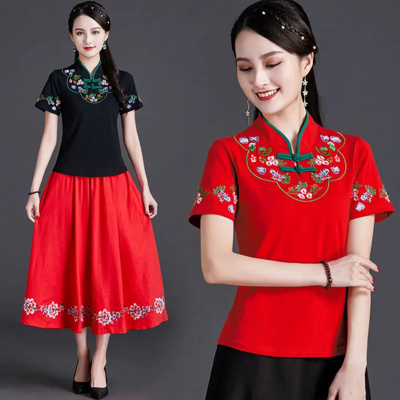Women Chinese Style Vintage Floral Print Qipao Tops Hanfu Tee Shirt