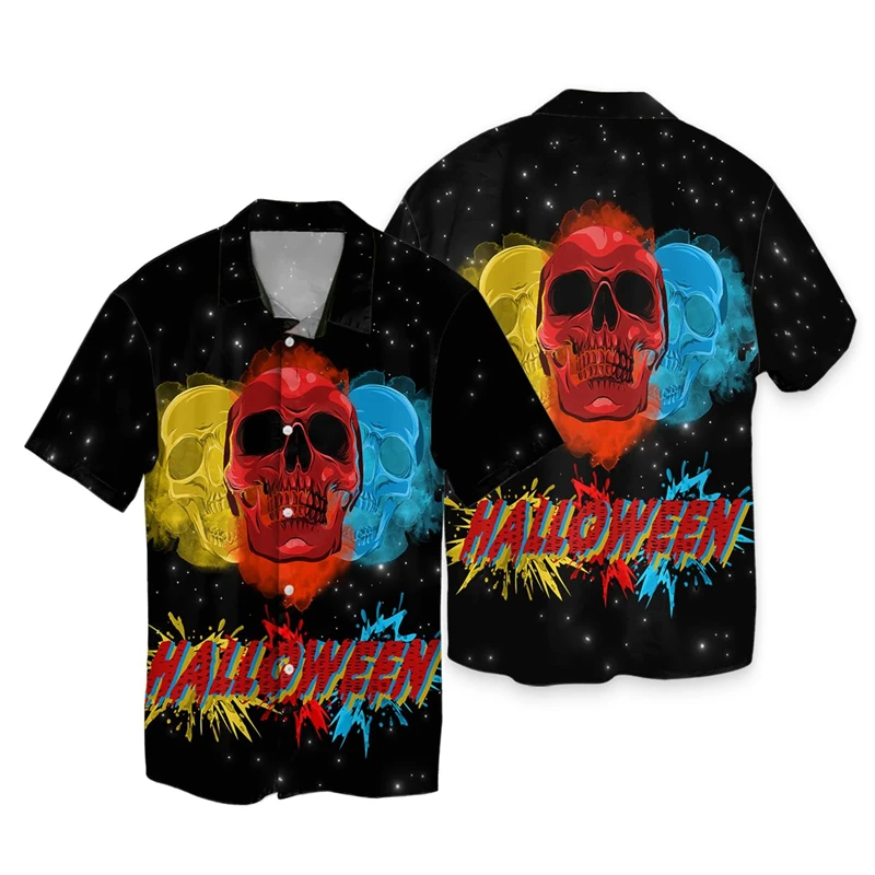 thumbnail image 1 of Camisa hawaiana de Halloween para hombre, ropa informal con estampado floral de manga corta, ropa de calle grande, botones 3D, camisetas de playa, camisas de verano de talla grande para hombre, 1 of 5
