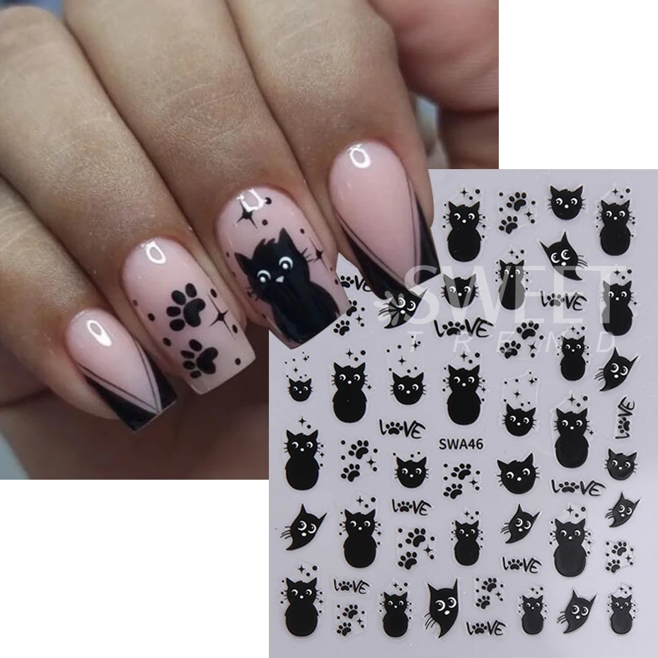 2pcs Cute Black Cat Nail Stickers Decoration Kawaii Cartoon Animal Design Y2K Stars Nail Decals Sliders Nail Art Manicure Decors
