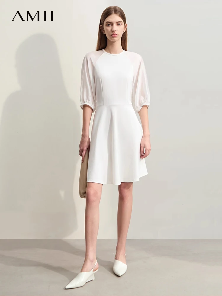 

Amii Minimalism Dress Women 2024 Summer New Commuter Round Neck Splicing Female Shoulder Sleeves Waist A-Line Dresses 12422034