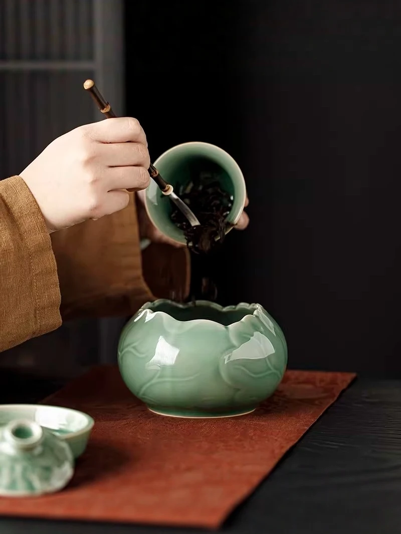 고급 청자 도자기 차 세트, 명품 세라믹 공부차 도구, 다도용 물통, 다실, 차 테이블, 차 찌꺼기통, 선물 상자