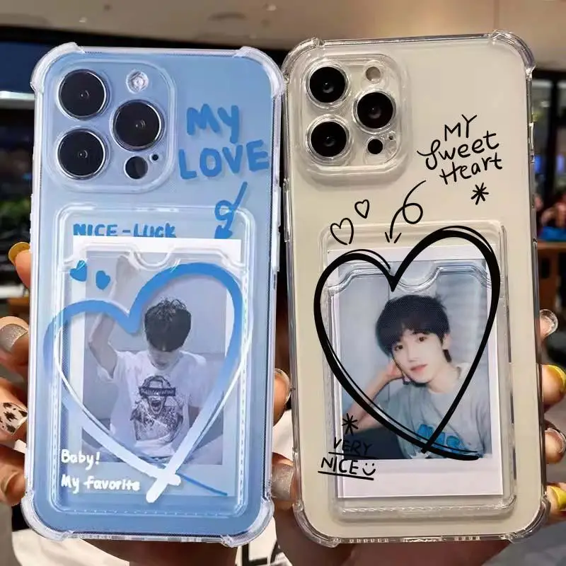 Love Heart Wallet Card Slot Case: Clear Soft Silicone Protective Cover