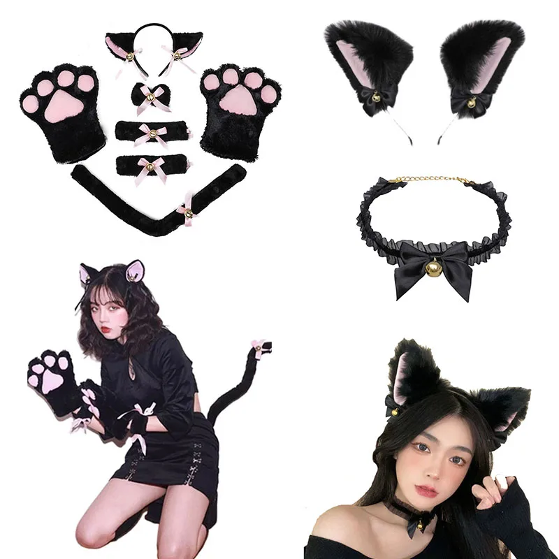

Cat Ear Headband with Bells Necklace Plush Cat Ears Beautiful Girls Party Halloween Christmas Masquerade Cosplay Props Headwear