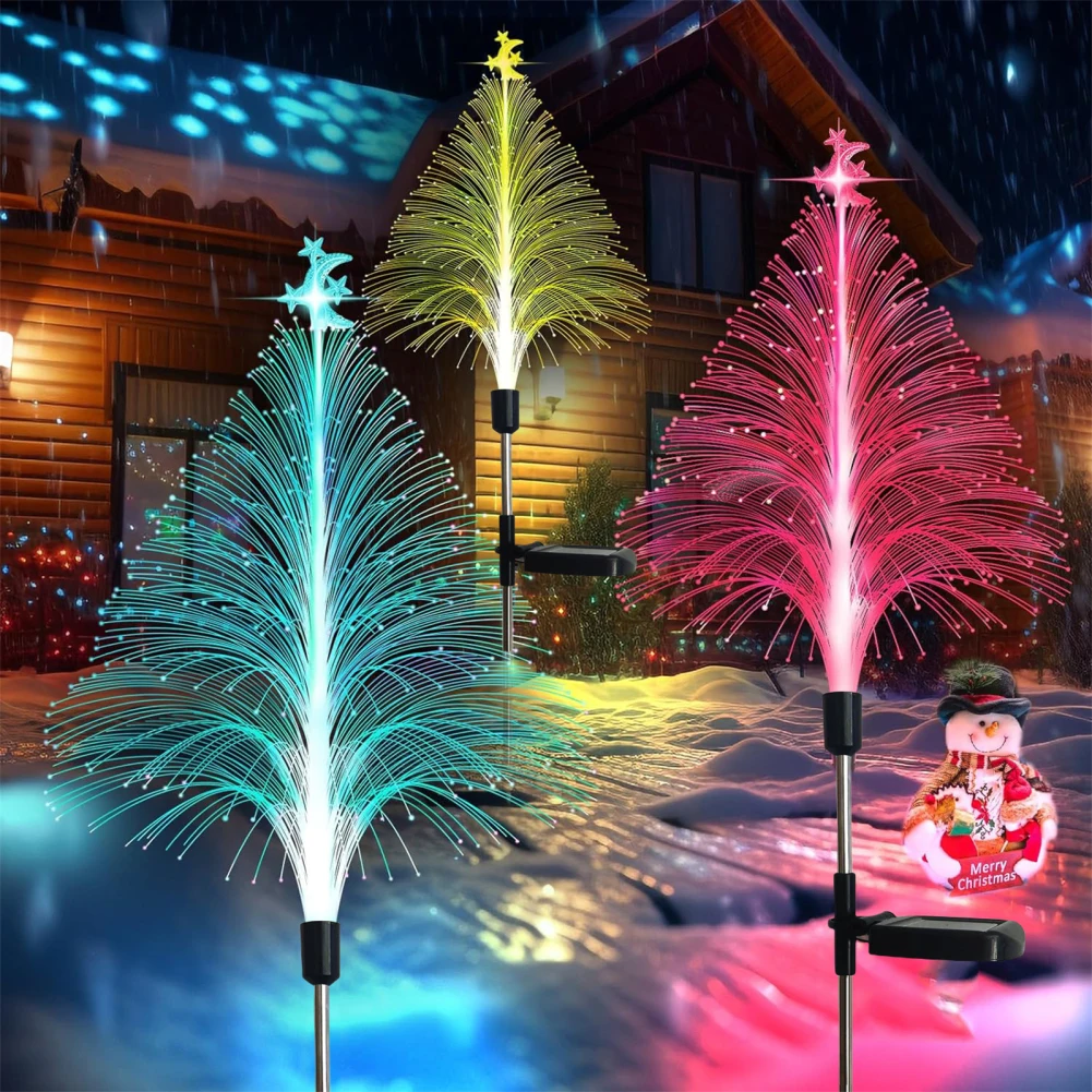 

3pcs Solar Fiber Optic Lights With Powerful 600mAh Battery IP65 Waterproof Christmas Tree Shape Garden Lights