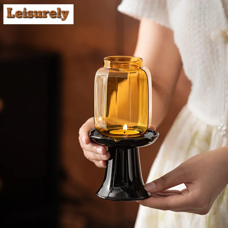 Amber Windproof Glass Candle Holder Vintage Scented Aromatic Candles Candle Lights Tea Services Wedding Decoration Ornaments