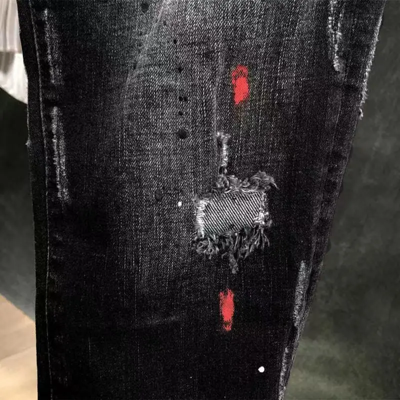 Ripped Jeans Men's Autumn Korean Style Work Ripped Hole Cowboy Hip Hop Dotting Ink Slim Luxury Denim Pants