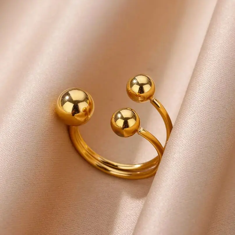 Stainless Steel Bead Ball Rings Adjustable Gold Color
