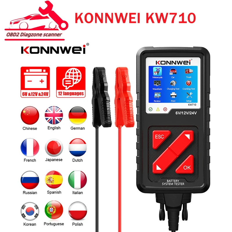 

KONNWEI KW710 Motorcycle Car Truck Battery Tester 6V 12V 24V Battery Analyzer 2000 CCA Charging Cranking Test Tools for the Car