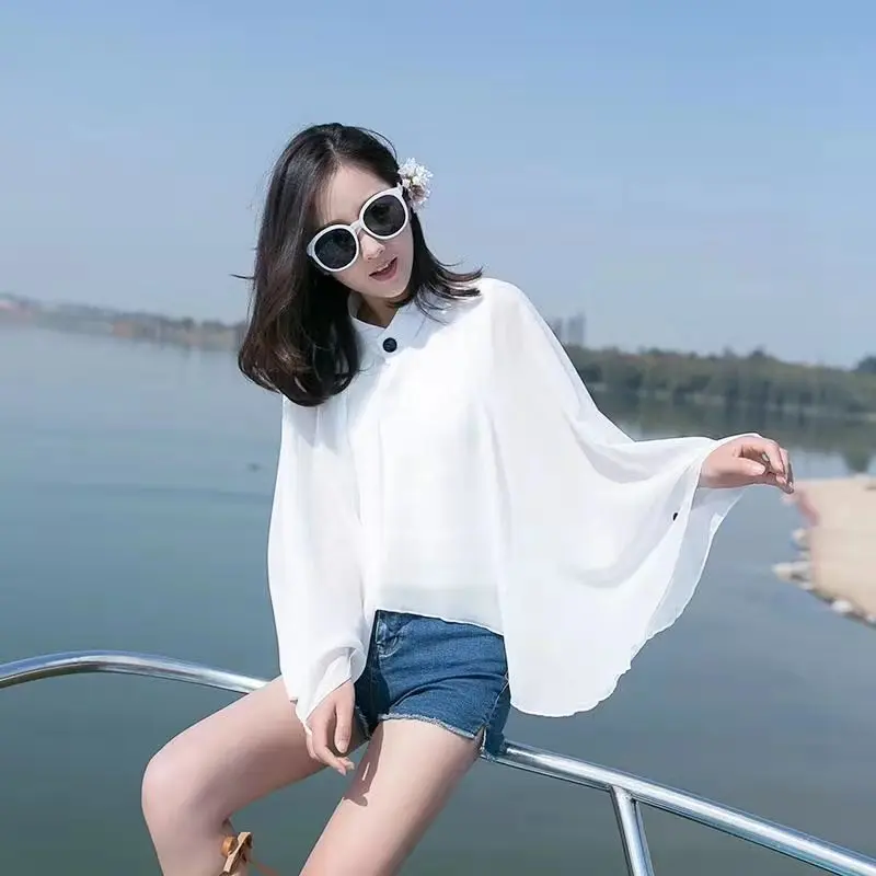 

2022 Summer Women Cycling Driving Sleeve UV Proof Korean Chiffon Sunscreen Sunshade Lady Shawl Cloak Poncho Capes White