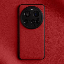 Luxury Genuine Leather Handmade Case with Camera Lens Protector - Premium Cowhide Cover - Mi 14 Ultra (Red)