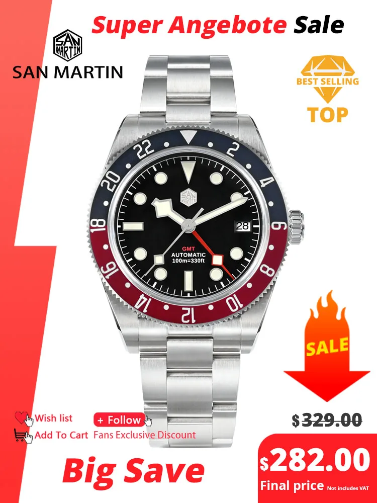 サンマーティン 39 ミリメートル NH34 GMT メンズ高級腕時計双方