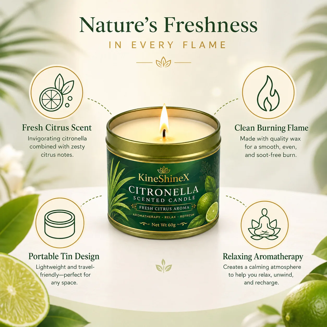 Citronella Citrus Aromatherapy Candle - Fresh Aroma, Relaxing, Long-Lasting Burn, Indoor/Outdoor Use